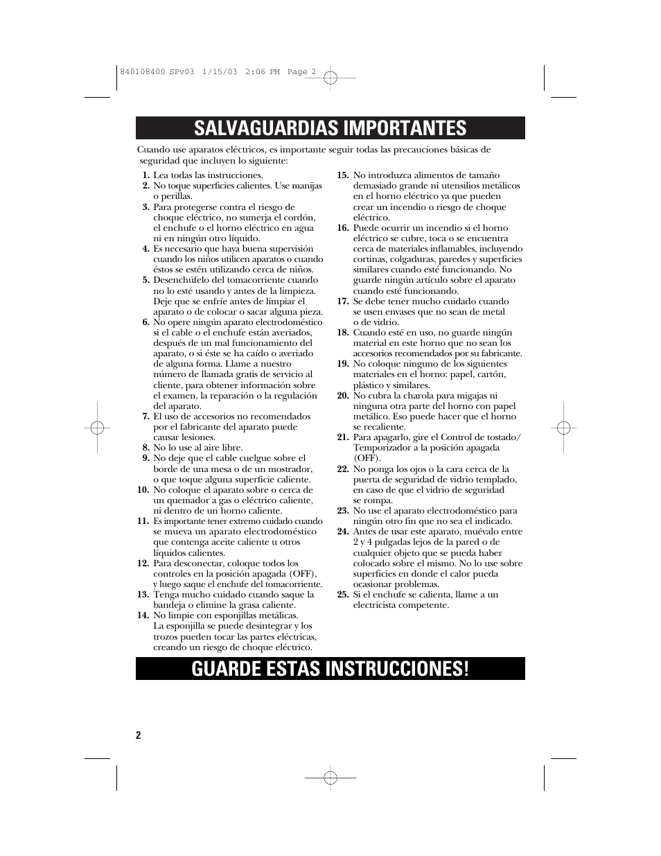 Salvaguardias importantes, Guarde estas instrucciones | GE 840108400 User Manual | Page 14 / 24