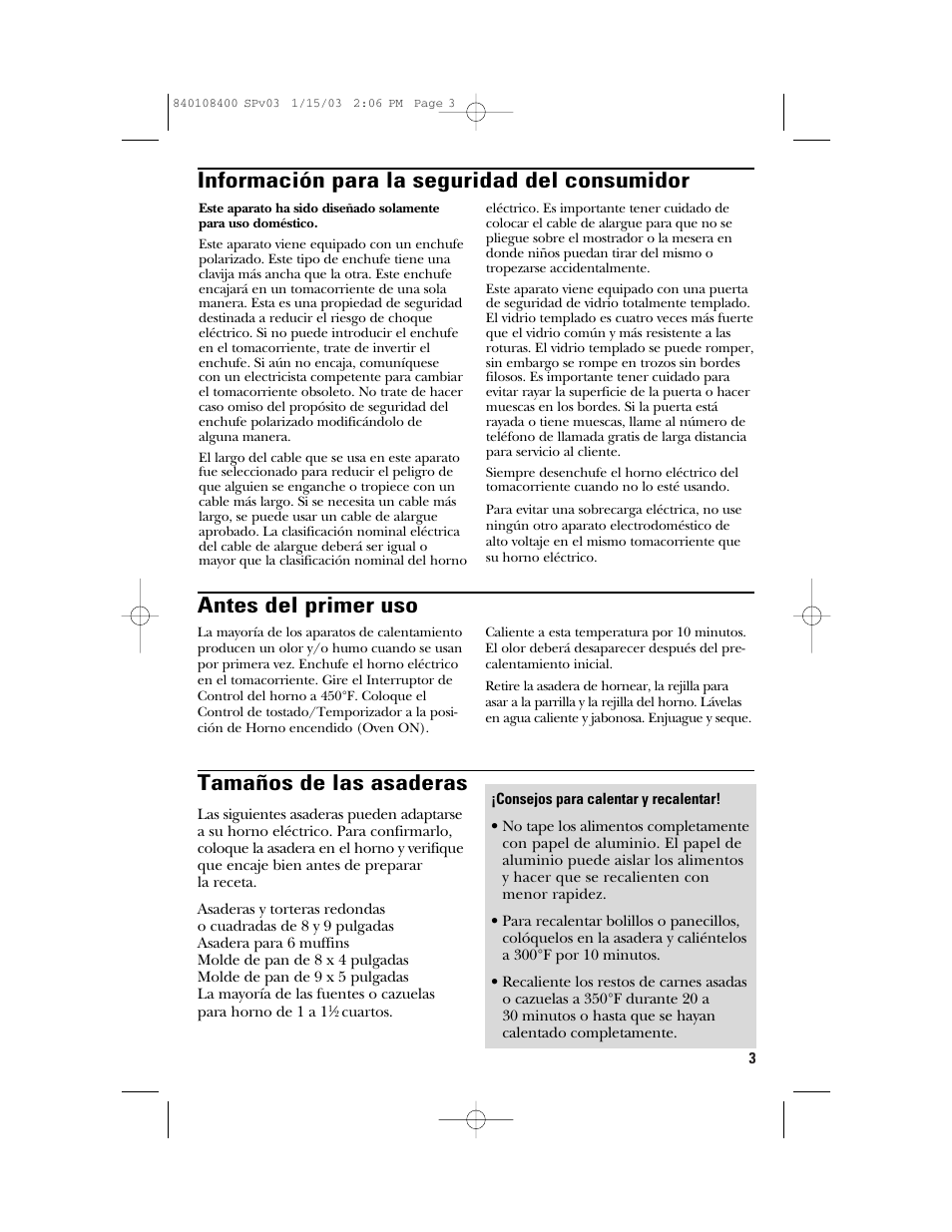 Tamaños de las asaderas | GE 840108400 User Manual | Page 15 / 24