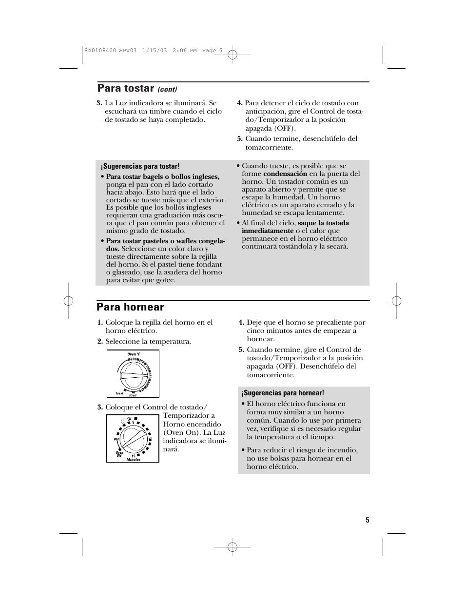 Para tostar, Para hornear | GE 840108400 User Manual | Page 17 / 24