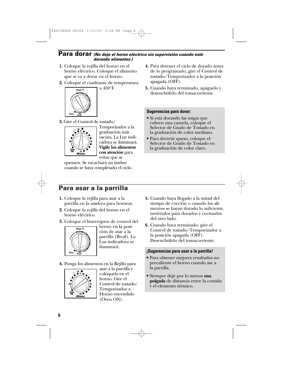 Para asar a la parrilla, Para dorar | GE 840108400 User Manual | Page 18 / 24