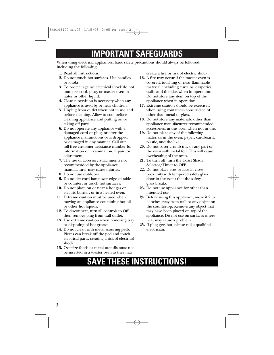 Important safeguards, Save these instructions | GE 840108400 User Manual | Page 2 / 24