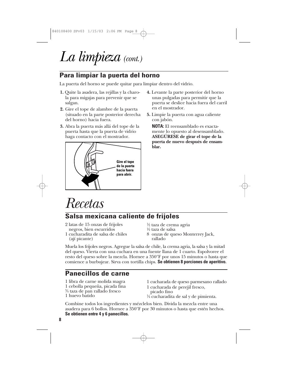 Recetas, La limpieza, Cont.) | Salsa mexicana caliente de frijoles, Panecillos de carne, Para limpiar la puerta del horno | GE 840108400 User Manual | Page 20 / 24