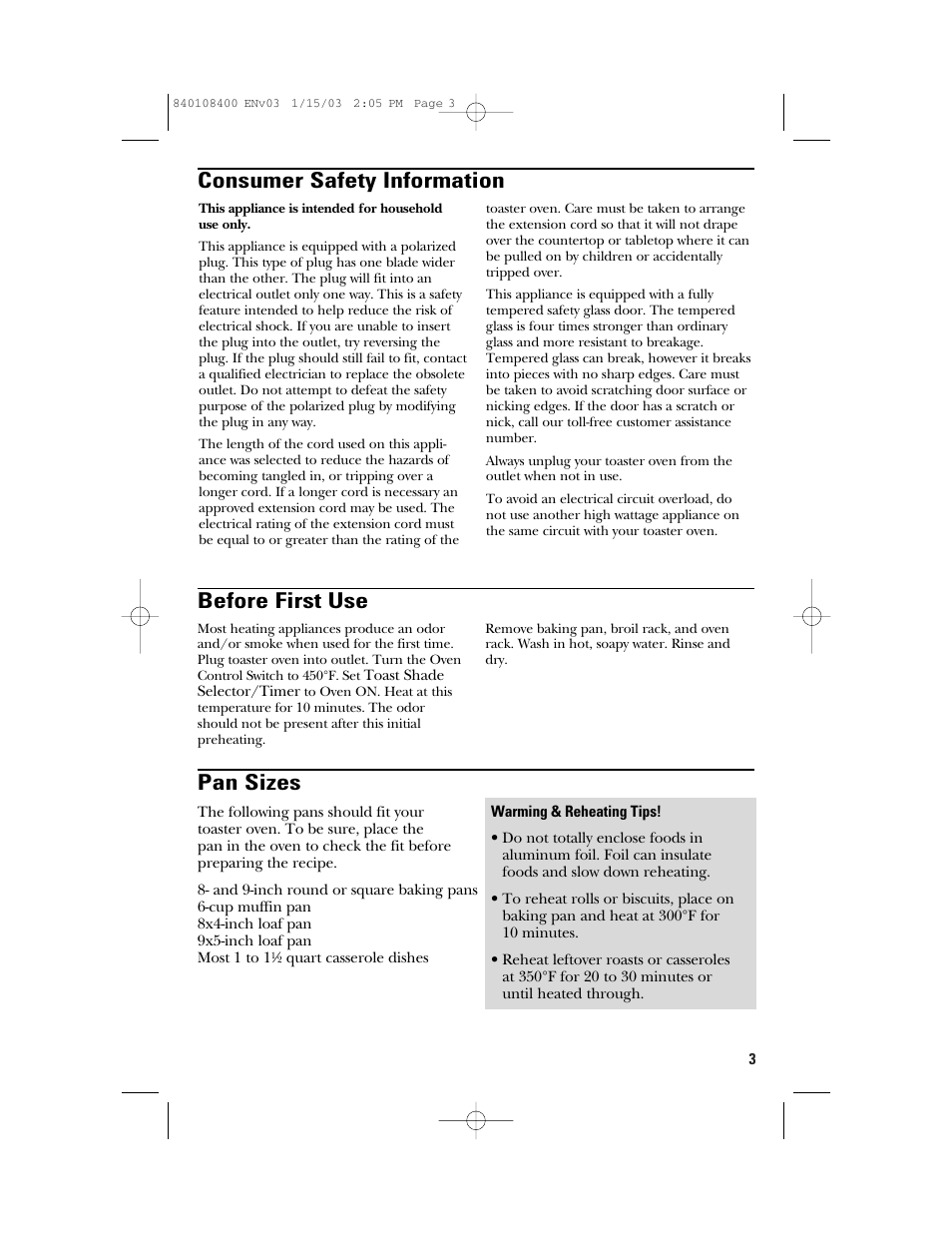 Consumer safety information before first use, Pan sizes | GE 840108400 User Manual | Page 3 / 24