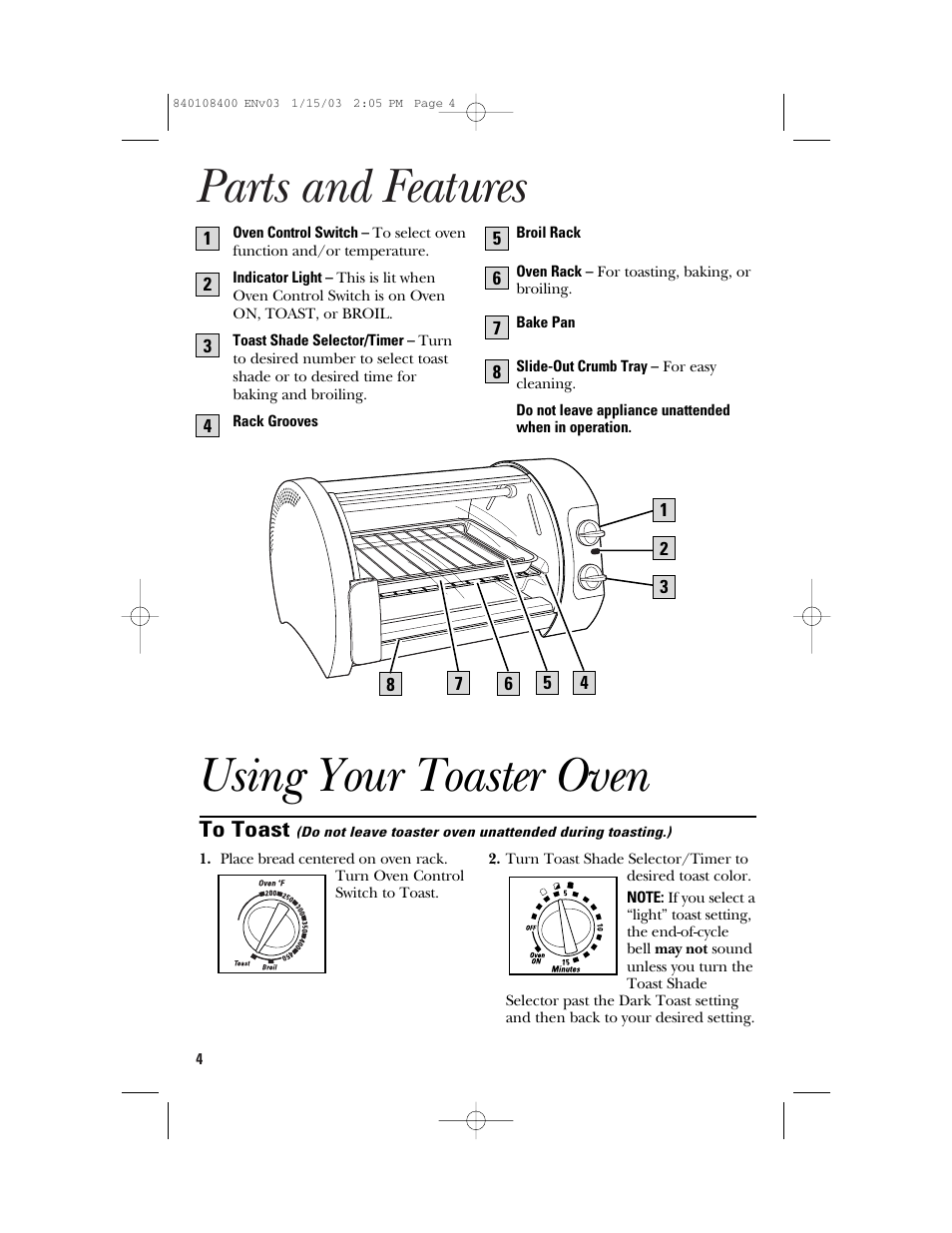 Parts and features, Using your toaster oven | GE 840108400 User Manual | Page 4 / 24