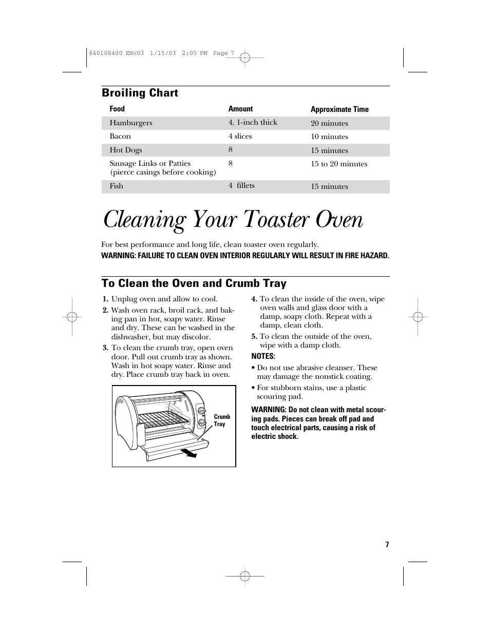 Cleaning your toaster oven, Broiling chart | GE 840108400 User Manual | Page 7 / 24