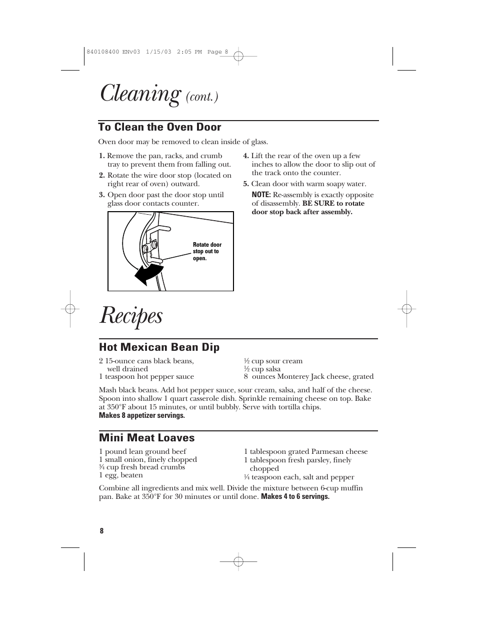 Recipes, Cleaning, Cont.) | Hot mexican bean dip, Mini meat loaves | GE 840108400 User Manual | Page 8 / 24