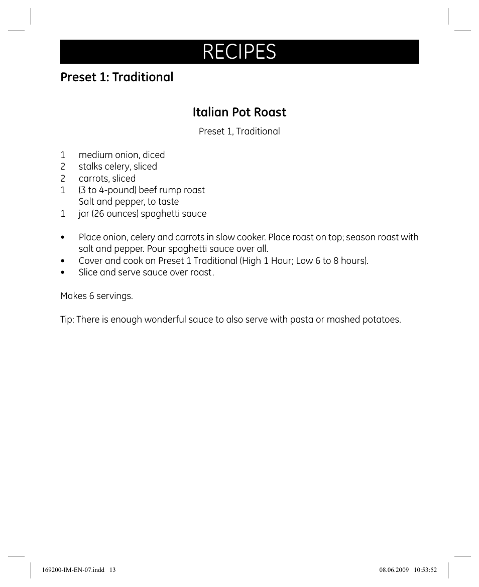 Recipes, Preset 1: traditional italian pot roast | GE 169200 User Manual | Page 13 / 32