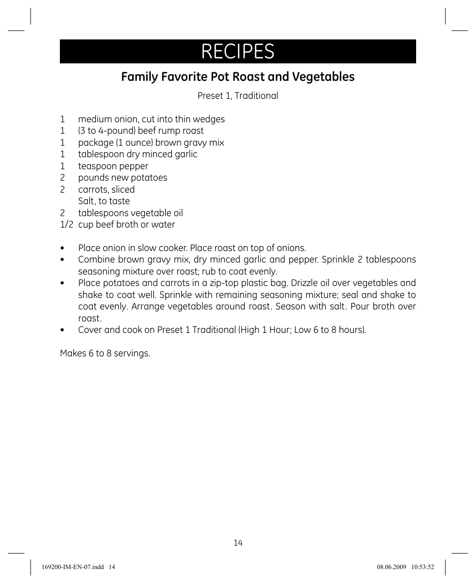 Recipes, Family favorite pot roast and vegetables | GE 169200 User Manual | Page 14 / 32