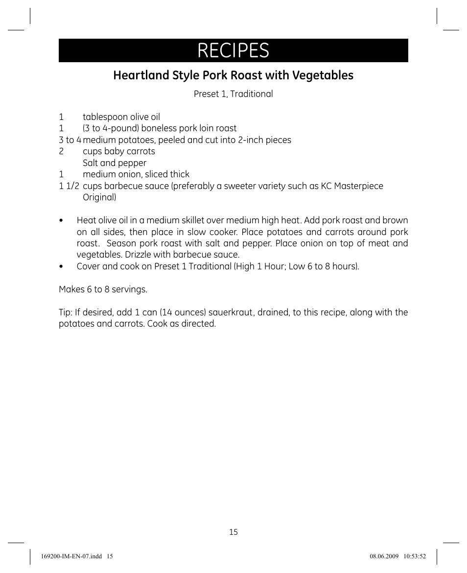 Recipes, Heartland style pork roast with vegetables | GE 169200 User Manual | Page 15 / 32