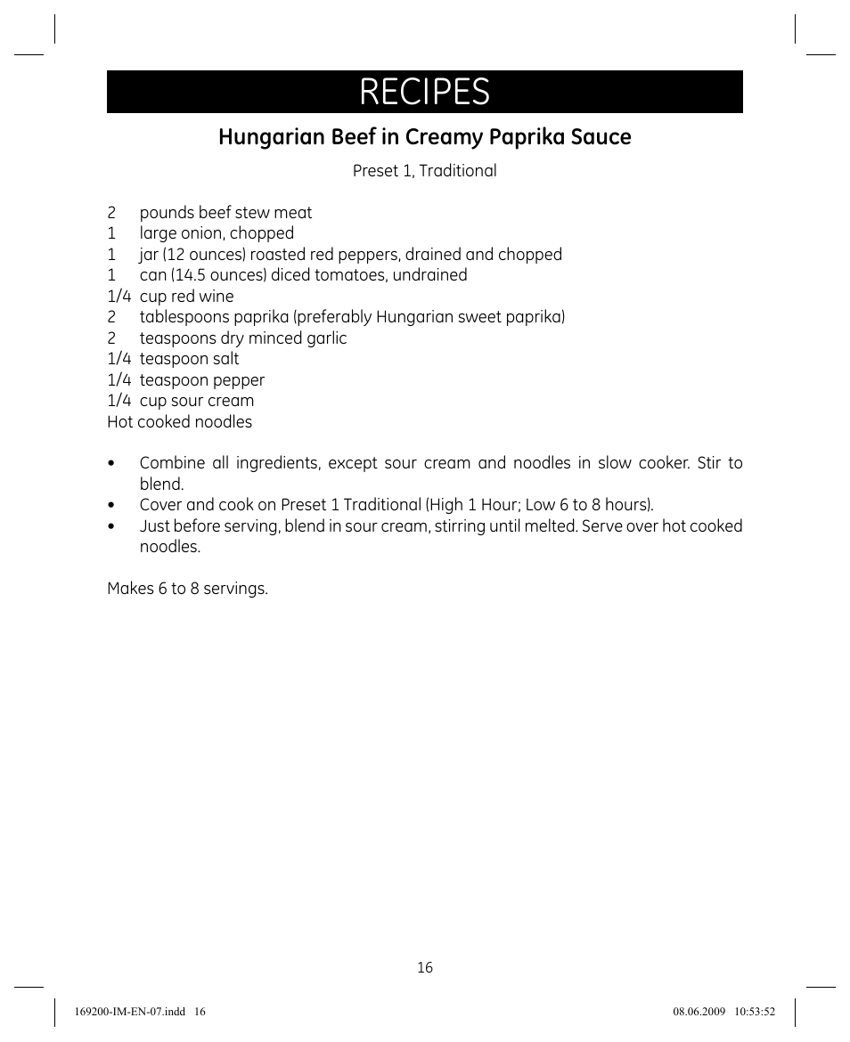 Recipes, Hungarian beef in creamy paprika sauce | GE 169200 User Manual | Page 16 / 32