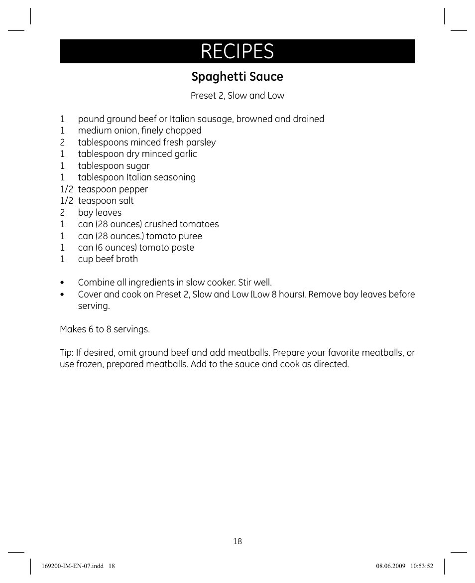 Recipes, Spaghetti sauce | GE 169200 User Manual | Page 18 / 32