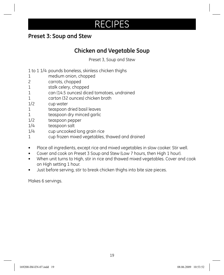 Recipes, Preset 3: soup and stew chicken and vegetable soup | GE 169200 User Manual | Page 19 / 32