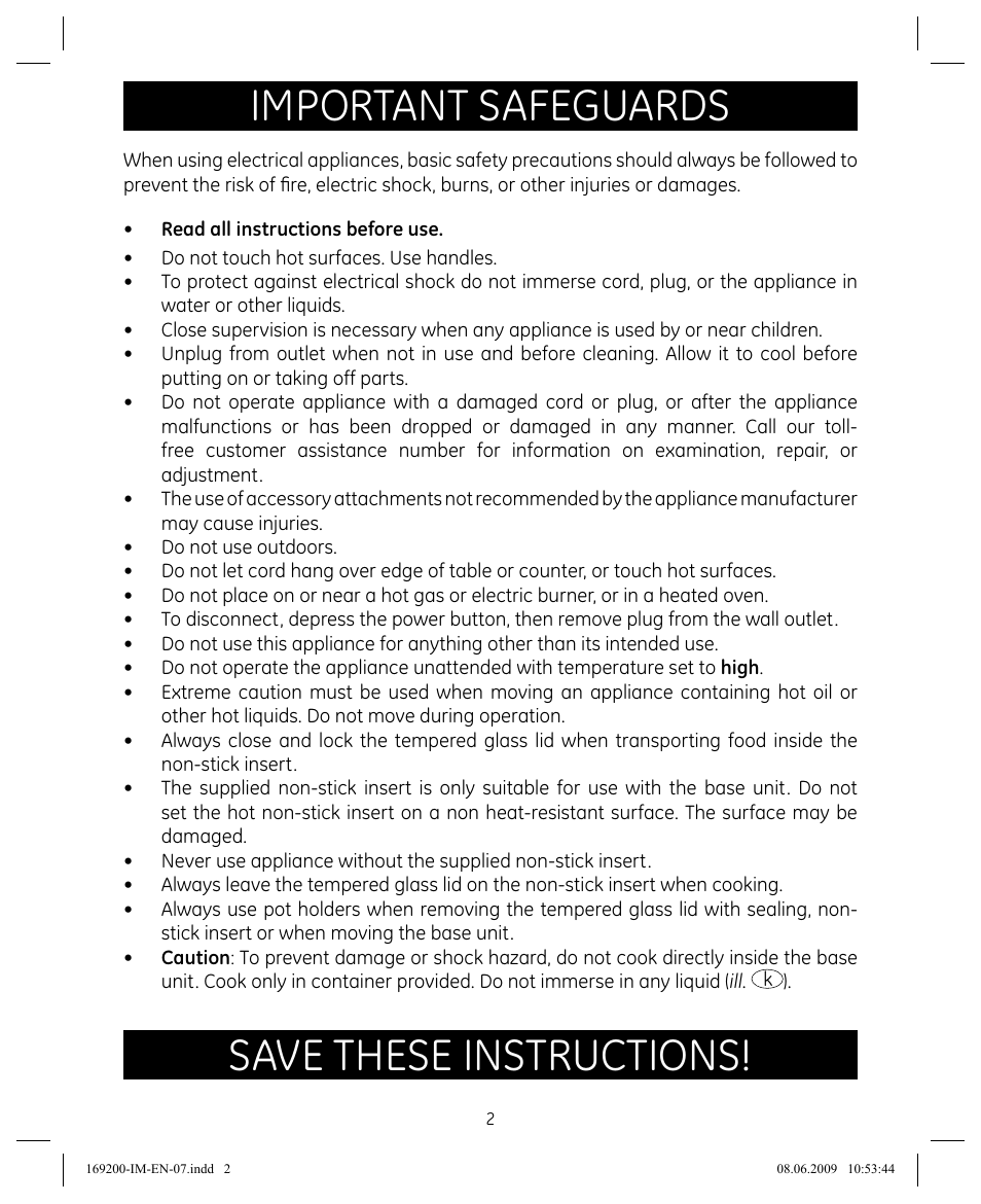 Important safeguards, Save these instructions | GE 169200 User Manual | Page 2 / 32