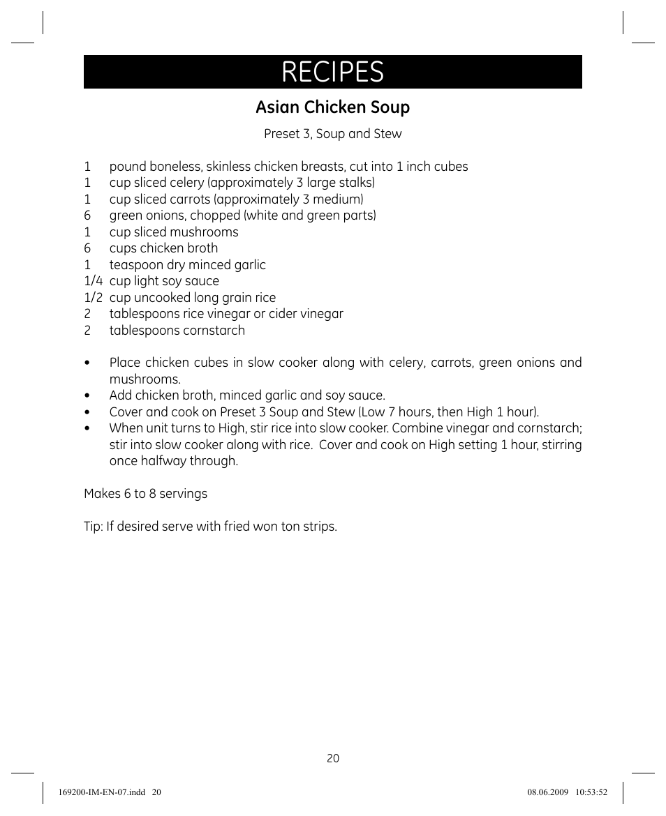 Recipes, Asian chicken soup | GE 169200 User Manual | Page 20 / 32
