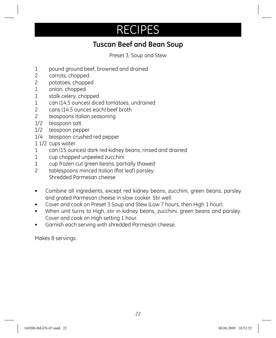 Recipes, Tuscan beef and bean soup | GE 169200 User Manual | Page 22 / 32