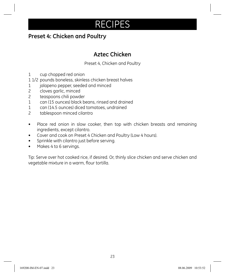 Recipes, Preset 4: chicken and poultry aztec chicken | GE 169200 User Manual | Page 23 / 32