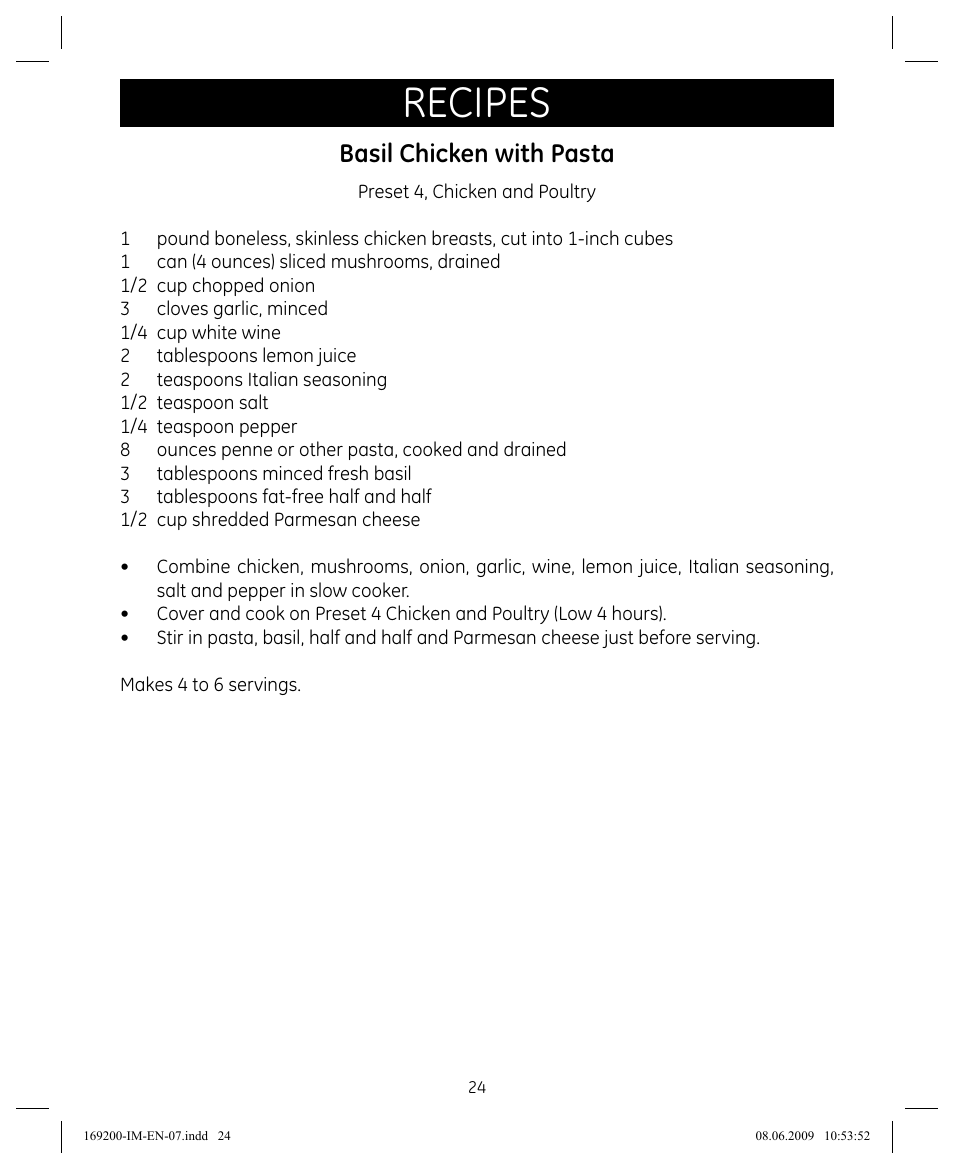 Recipes, Basil chicken with pasta | GE 169200 User Manual | Page 24 / 32