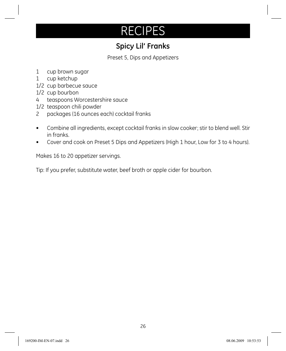 Recipes, Spicy lil’ franks | GE 169200 User Manual | Page 26 / 32