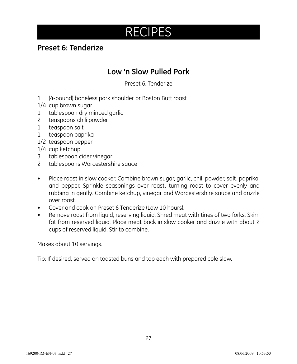 Recipes, Preset 6: tenderize low ‘n slow pulled pork | GE 169200 User Manual | Page 27 / 32