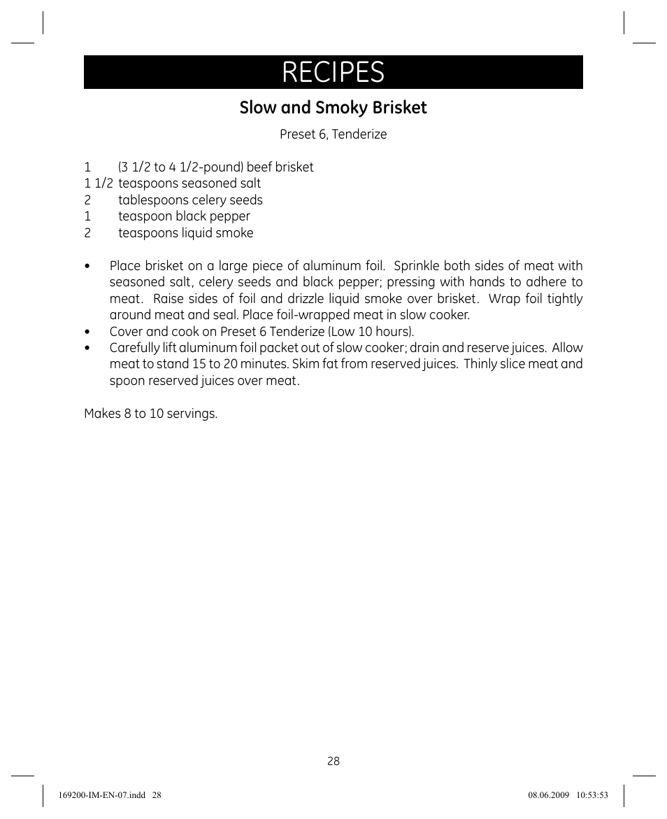 Recipes, Slow and smoky brisket | GE 169200 User Manual | Page 28 / 32