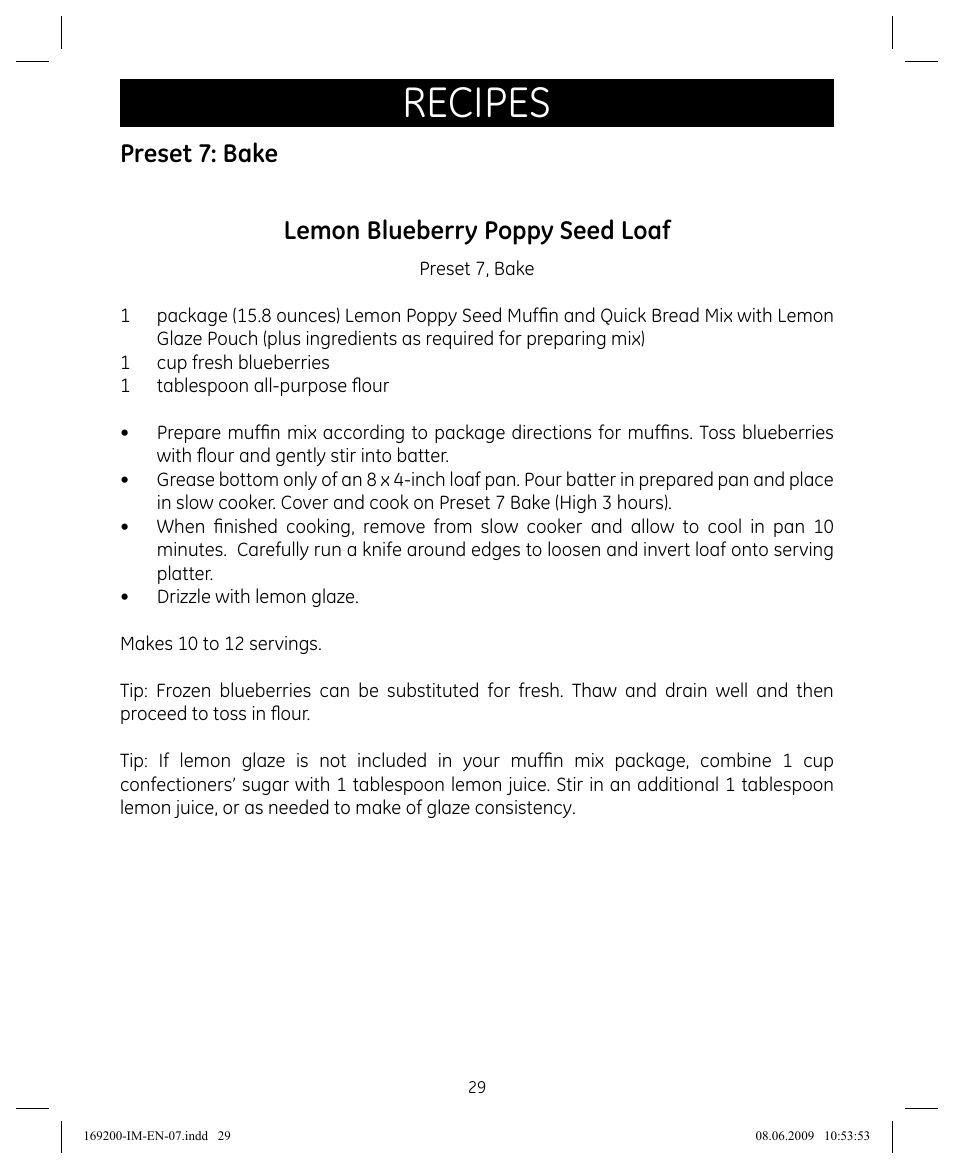 Recipes, Preset 7: bake lemon blueberry poppy seed loaf | GE 169200 User Manual | Page 29 / 32