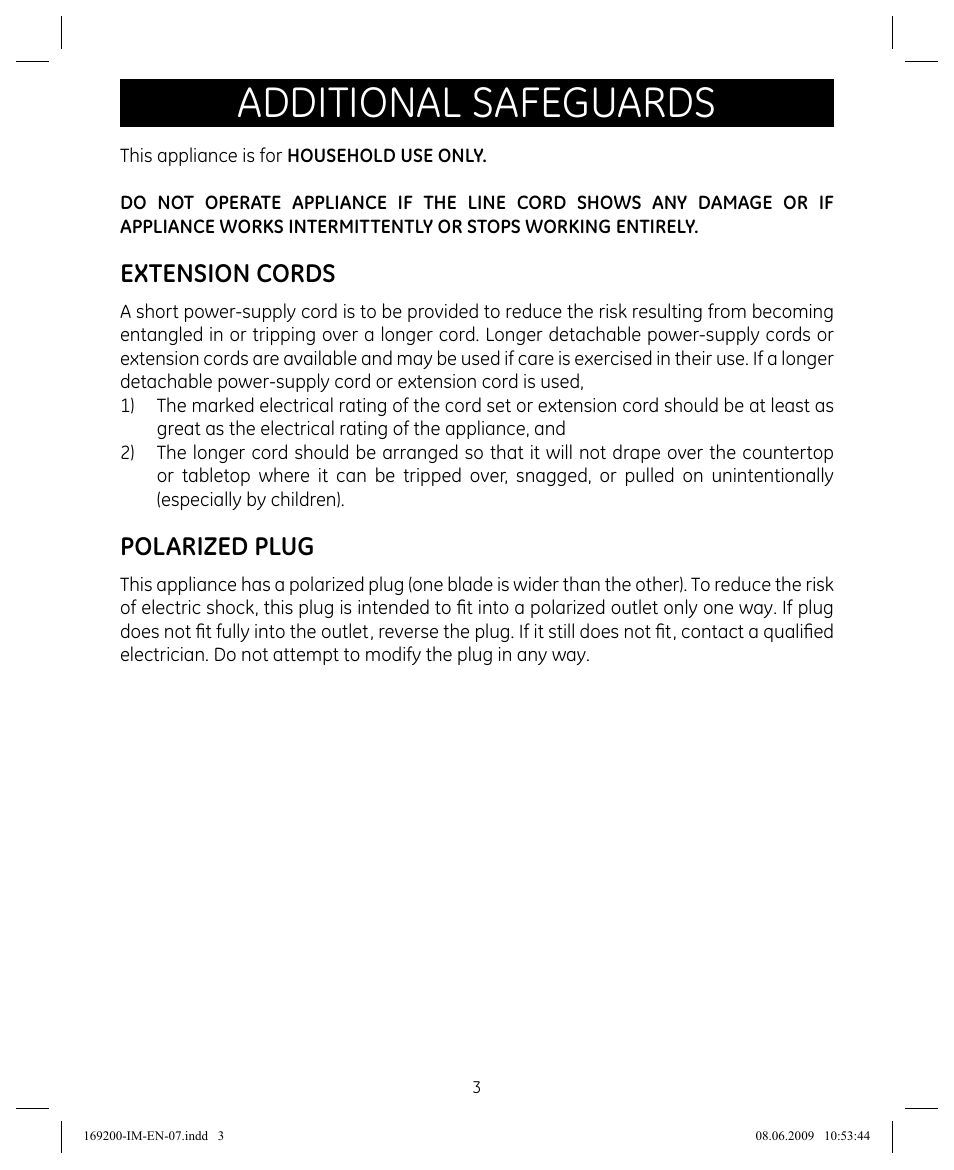 Additional safeguards, Extension cords, Polarized plug | GE 169200 User Manual | Page 3 / 32