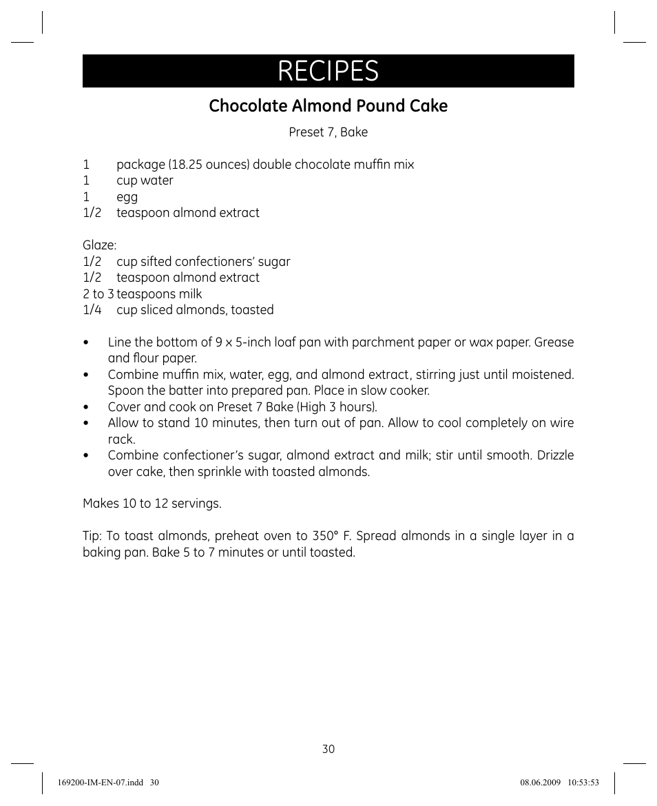 Recipes, Chocolate almond pound cake | GE 169200 User Manual | Page 30 / 32