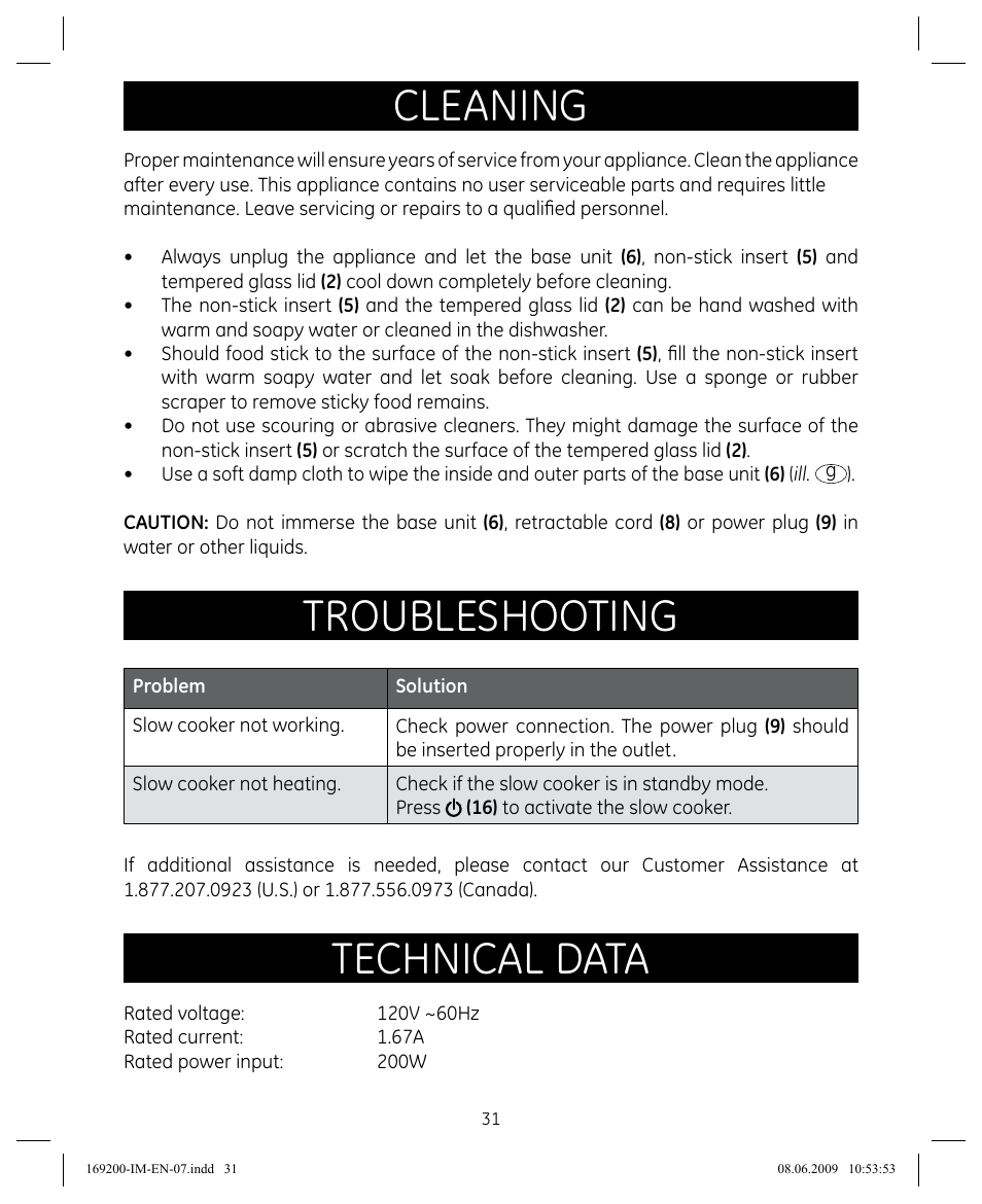 Cleaning, Troubleshooting, Technical data | GE 169200 User Manual | Page 31 / 32