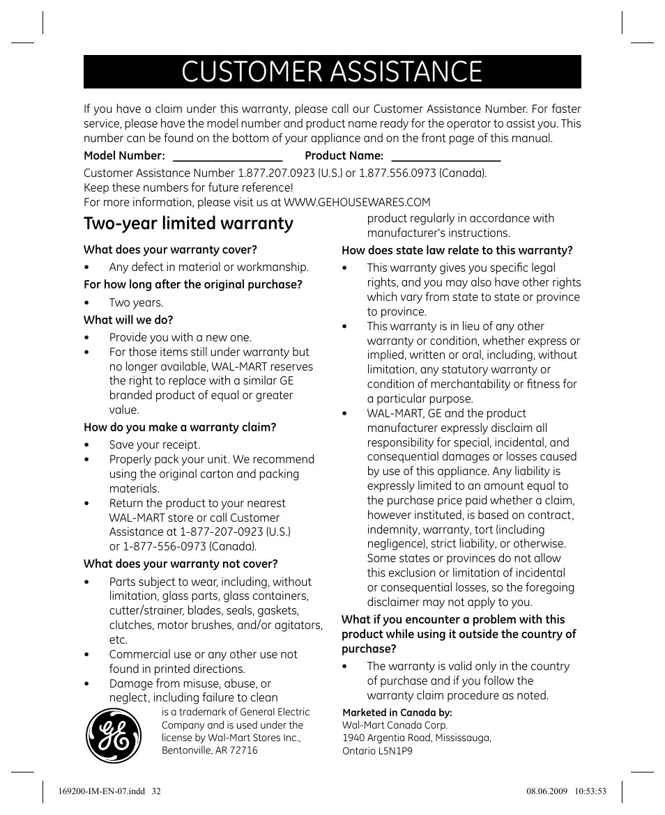 Customer assistance, Two-year limited warranty | GE 169200 User Manual | Page 32 / 32
