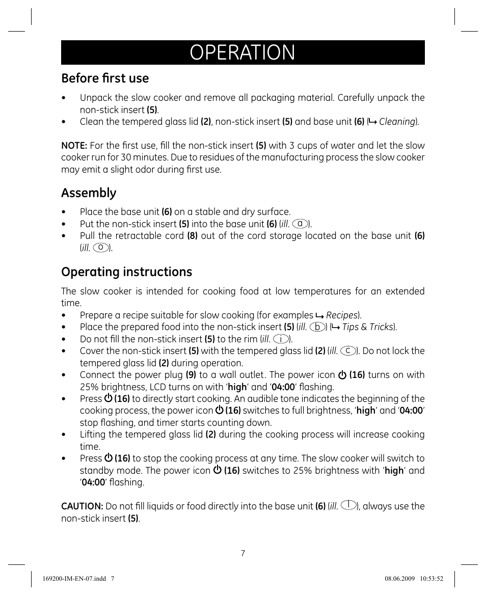 Operation, Before first use, Assembly | Operating instructions | GE 169200 User Manual | Page 7 / 32