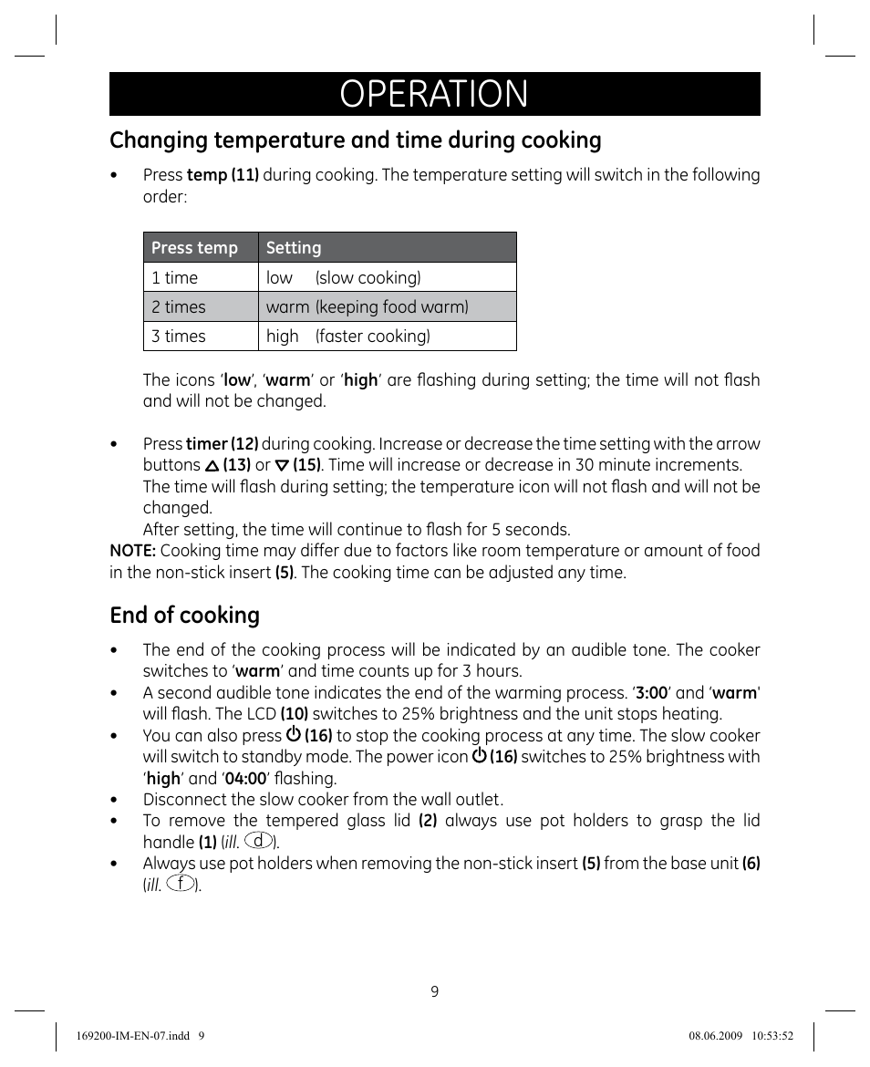 Operation, Changing temperature and time during cooking, End of cooking | GE 169200 User Manual | Page 9 / 32