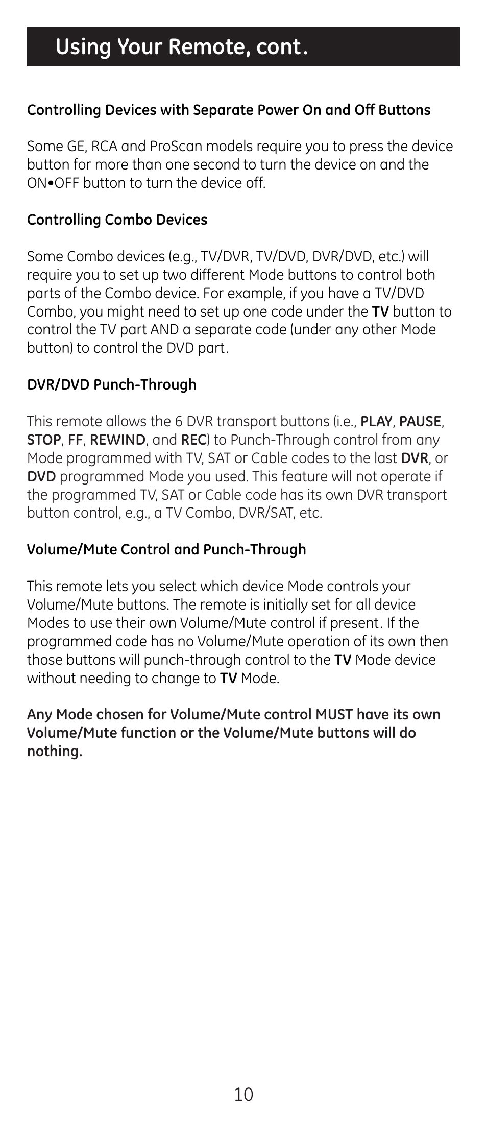 Using your remote, cont | GE 20621 User Manual | Page 10 / 14