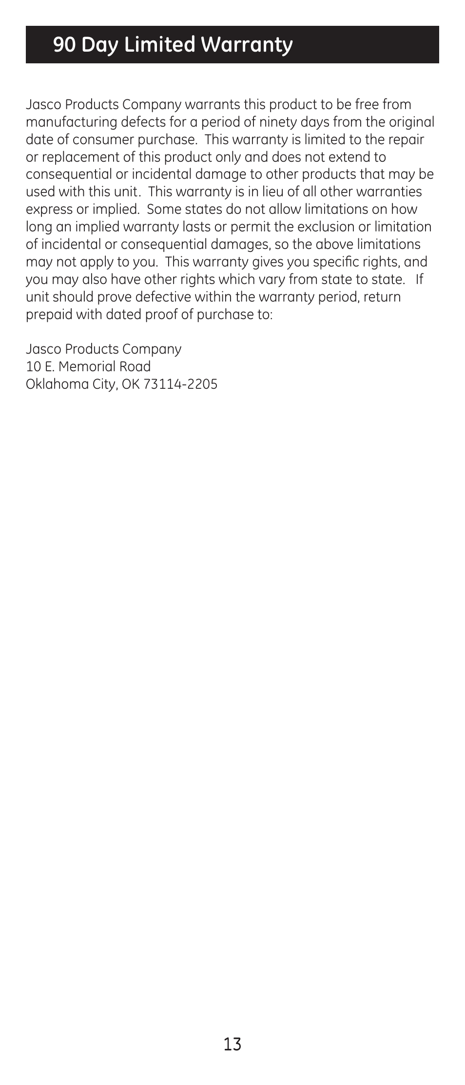 90 day limited warranty | GE 20621 User Manual | Page 13 / 14