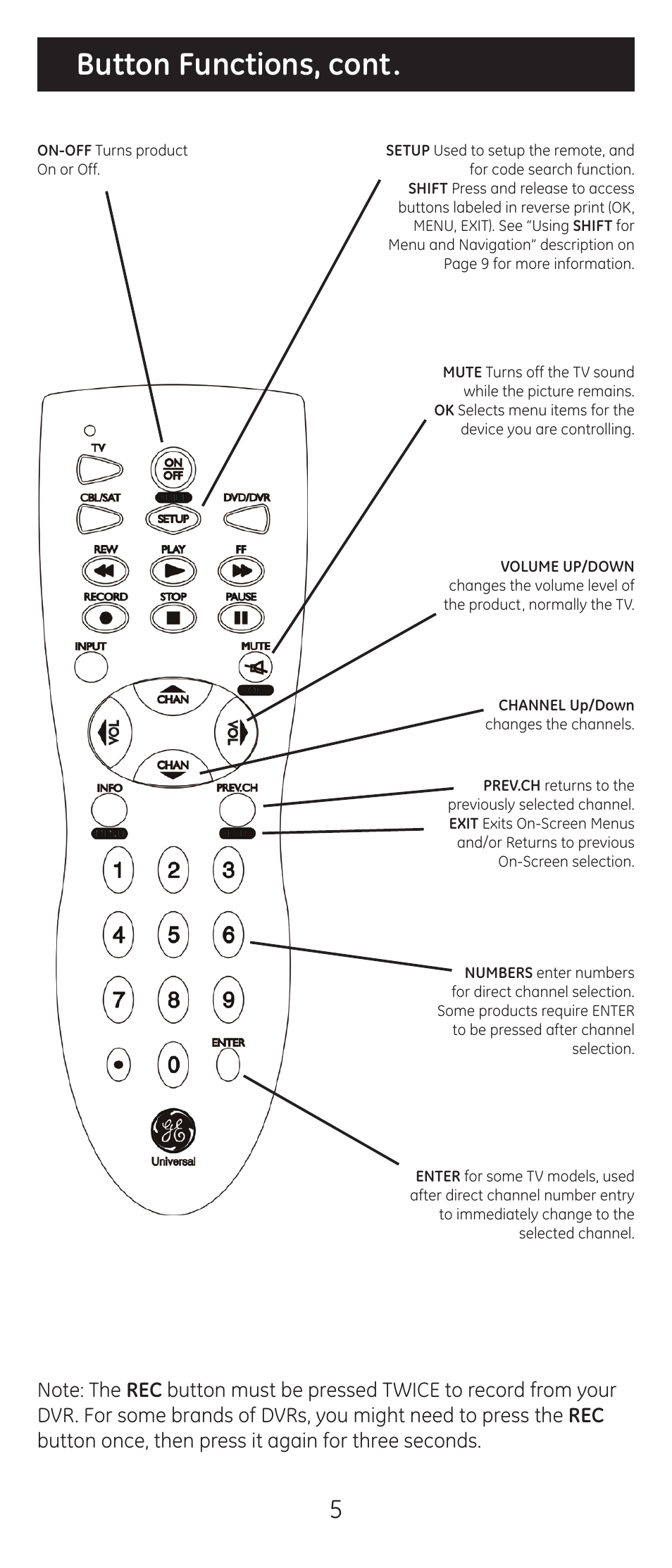 Button functions, cont | GE 20621 User Manual | Page 5 / 14