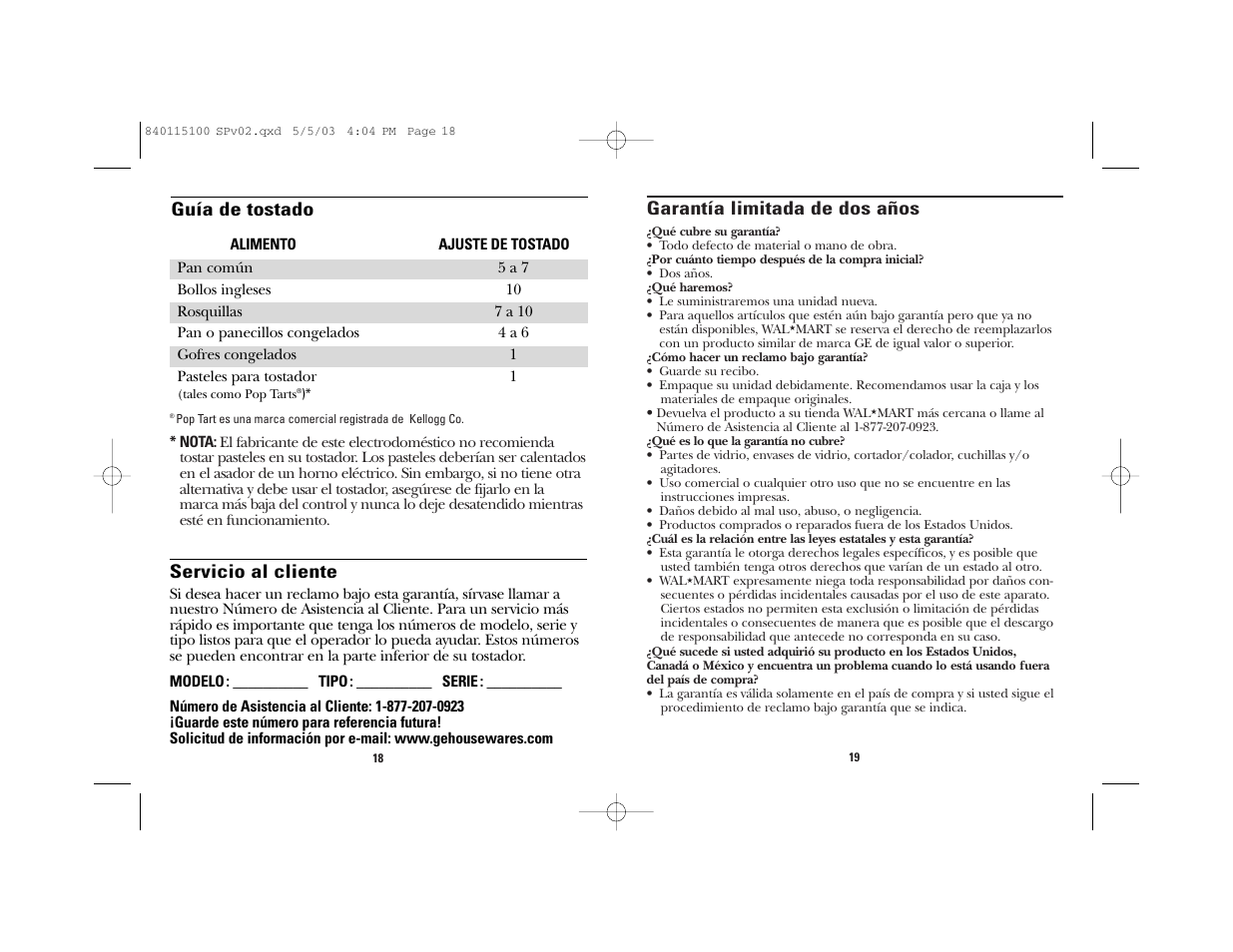 Garantía limitada de dos años, Guía de tostado servicio al cliente | GE 840115100 User Manual | Page 10 / 11