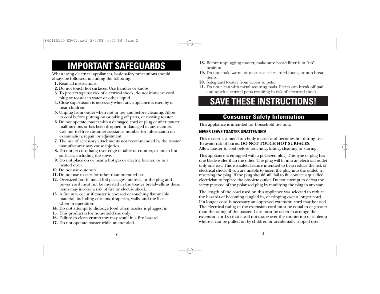 Save these instructions, Important safeguards, Consumer safety information | GE 840115100 User Manual | Page 2 / 11