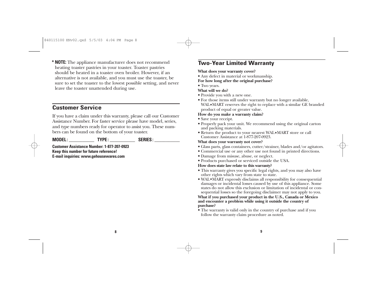 Two-year limited warranty, Customer service | GE 840115100 User Manual | Page 5 / 11