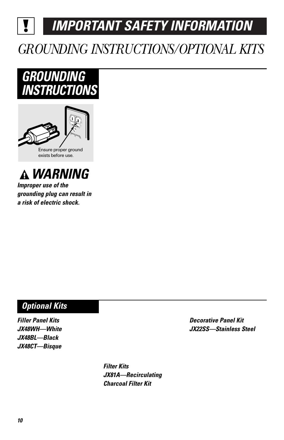 Grounding instructions/optional kits, Important safety information, Warning | Grounding instructions, Optional kits | GE EMO3000 User Manual | Page 10 / 44
