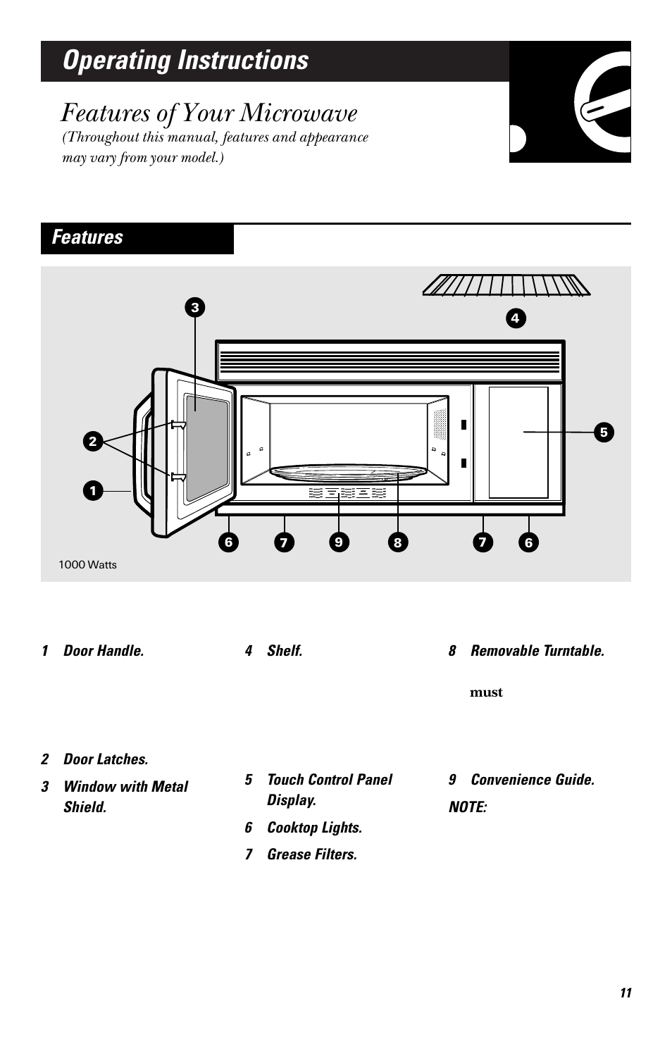Operating instructions, Features of your microwave, Features | GE EMO3000 User Manual | Page 11 / 44