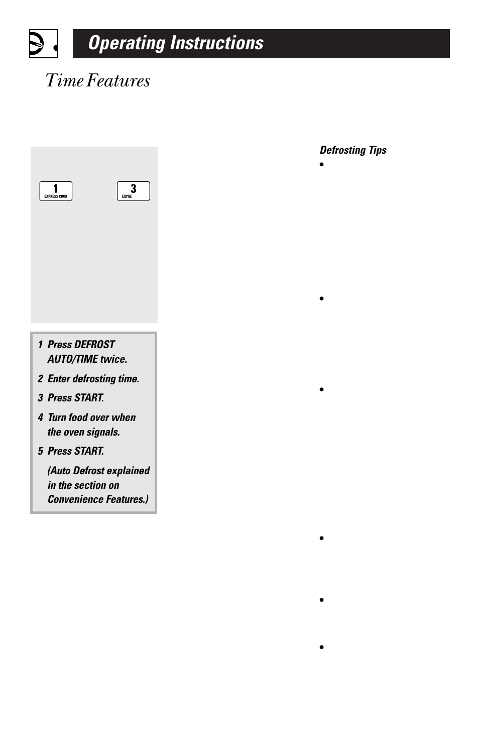 Operating instructions, Time features | GE EMO3000 User Manual | Page 18 / 44