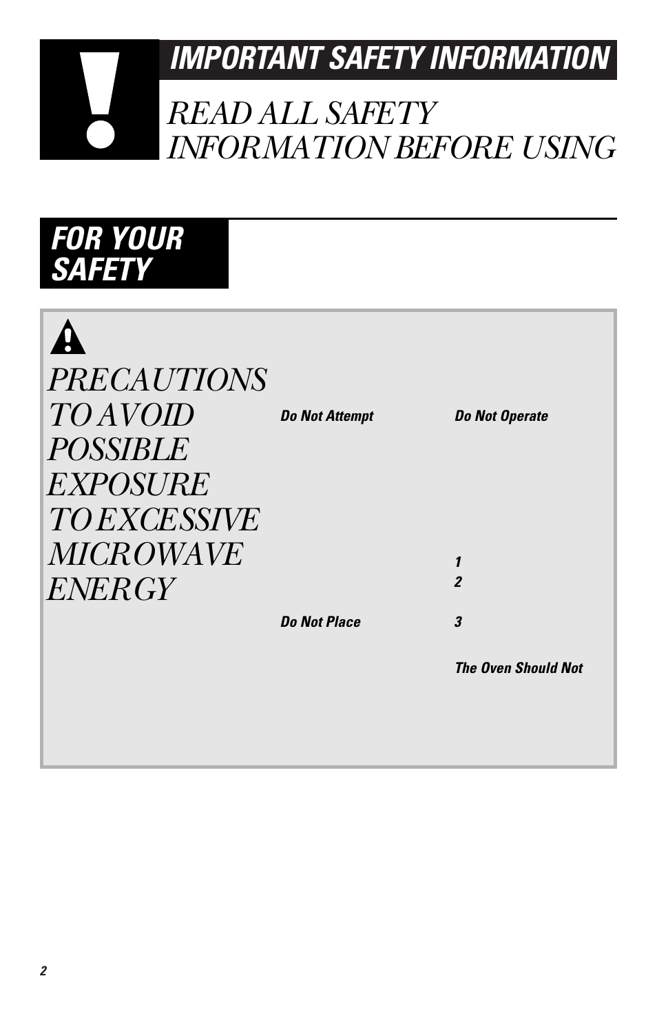 Important safety information, Precautions to avoid possible exposure, To excessive microwave energy | Read all safety information before using, For your safety | GE EMO3000 User Manual | Page 2 / 44