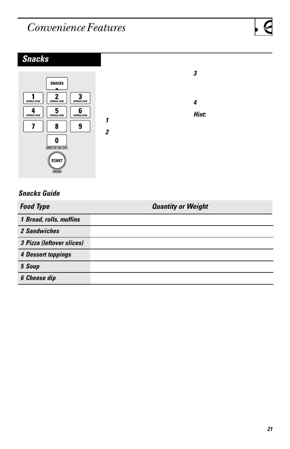 Convenience features, Snacks | GE EMO3000 User Manual | Page 21 / 44