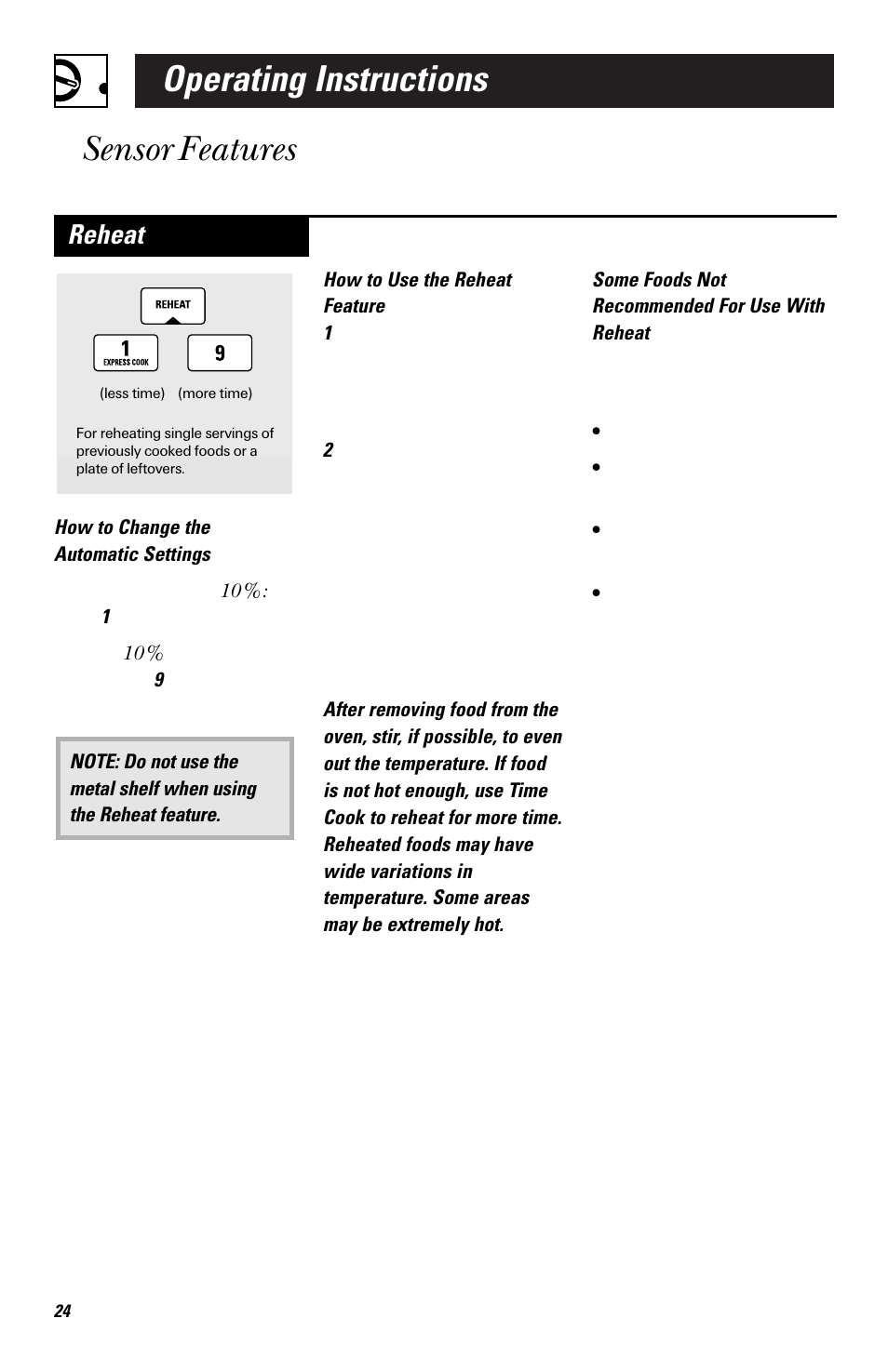 Operating instructions, Sensor features, Reheat | GE EMO3000 User Manual | Page 24 / 44