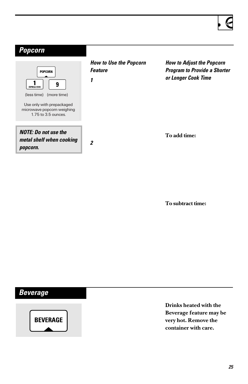 Popcorn, Beverage | GE EMO3000 User Manual | Page 25 / 44