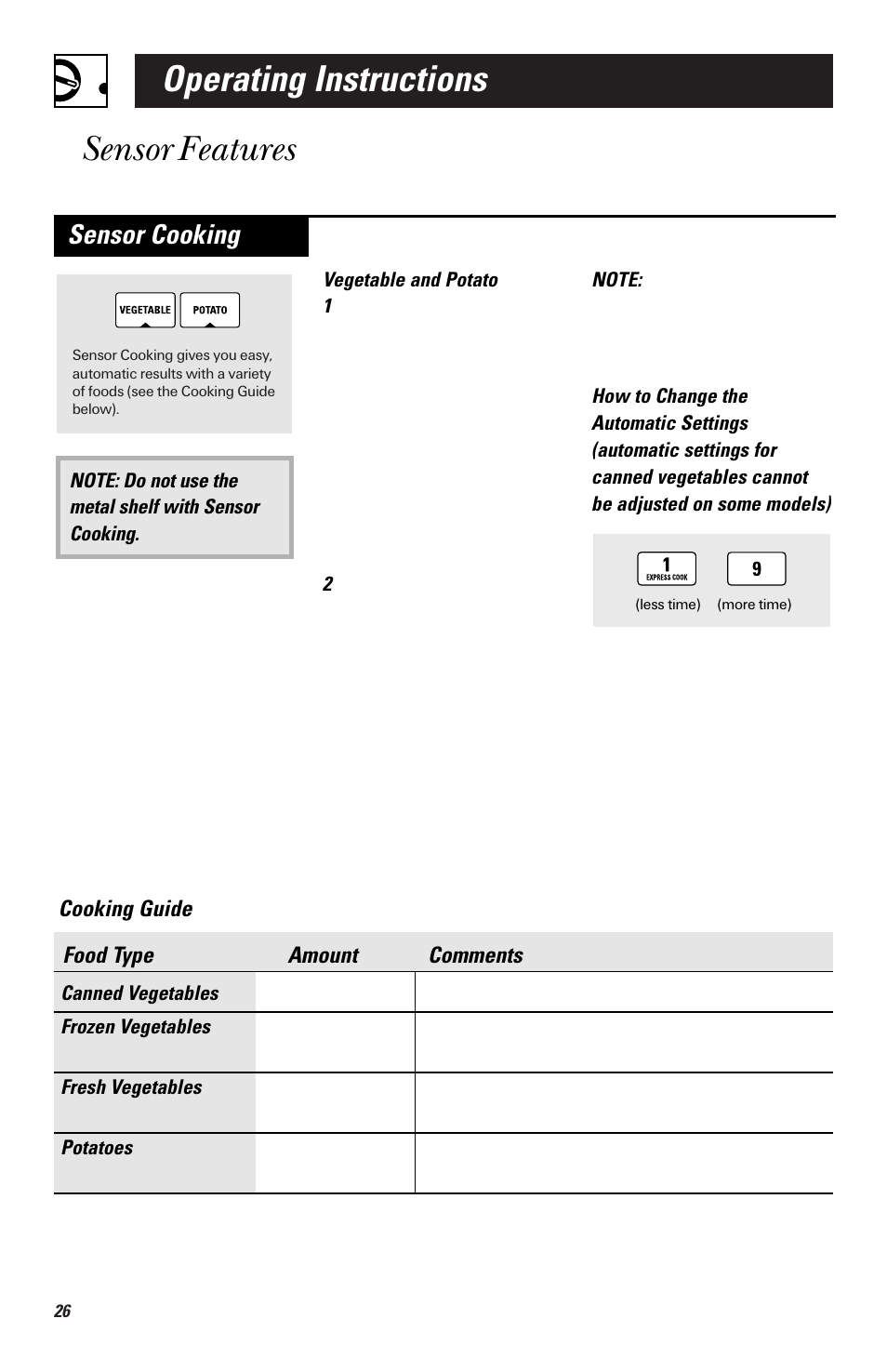 Automatic cooking, Operating instructions, Sensor features | Sensor cooking | GE EMO3000 User Manual | Page 26 / 44