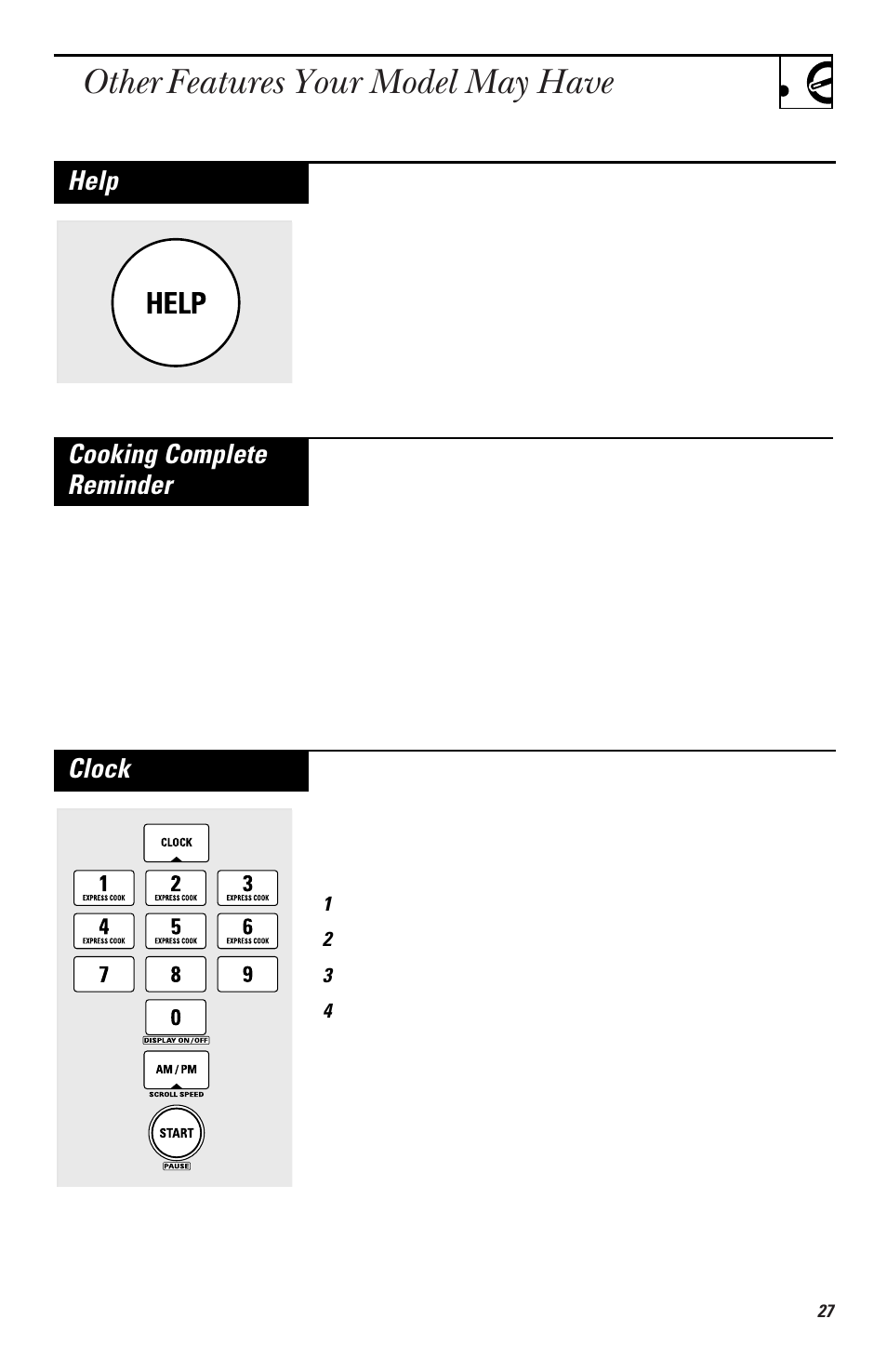 Other features, Other features your model may have, Help | Cooking complete reminder, Clock | GE EMO3000 User Manual | Page 27 / 44