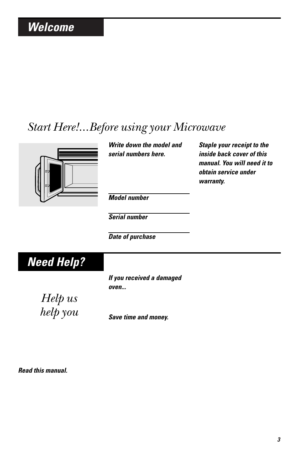 Welcome, Need help, Help us help you | Start here!…before using your microwave | GE EMO3000 User Manual | Page 3 / 44