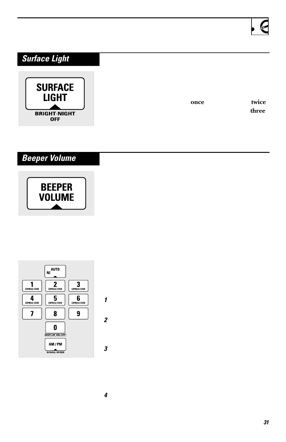 Surface light, Beeper volume | GE EMO3000 User Manual | Page 31 / 44