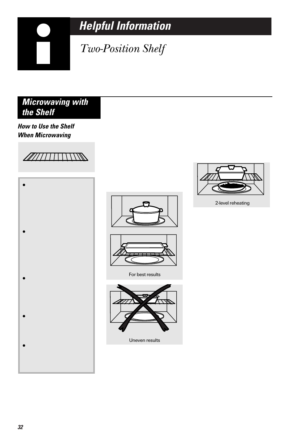 Helpful information, Oven shelf, Two-position shelf | Microwaving with the shelf | GE EMO3000 User Manual | Page 32 / 44