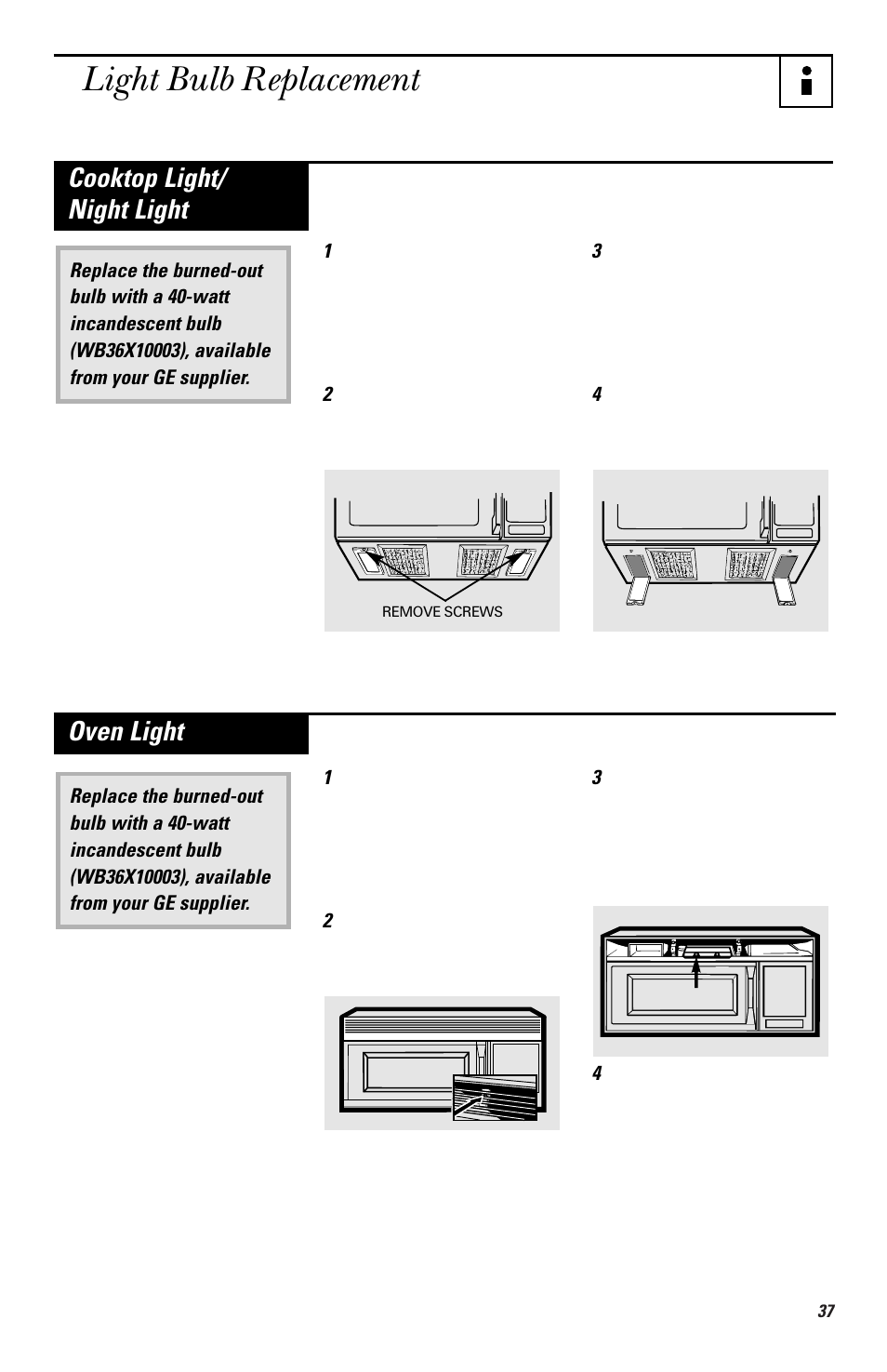 Light bulb replacement, Cooktop light/ night light, Oven light | GE EMO3000 User Manual | Page 37 / 44